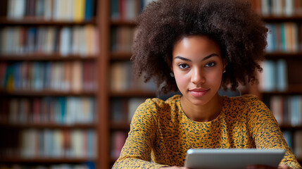 woman doing work on a tablet in the library