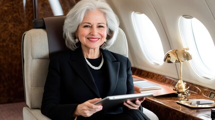 A confident woman with silver hair relaxes in a plush seat, engaging with her tablet in a private jet, showcasing comfort and elegance