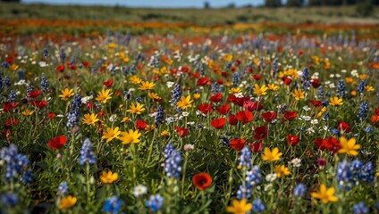 A field of wildflowers in bloom, with red, yellow, blue, and white flowers.

