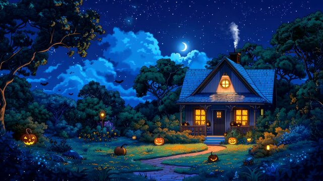 Halloween night with cottage and pumpkin decorations. Seamless looping time-lapse video background
