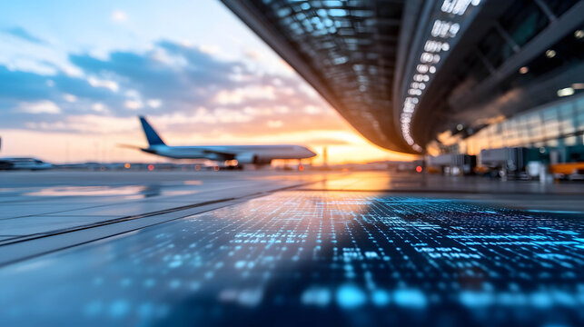 An advanced airport with a horizon grid line highlighting its technological infrastructure and modern features