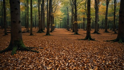 A forest scene with many tall trees. The ground is covered in fallen leaves, mostly brown and orange.
