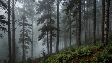 Fototapeta premium A dense forest with tall trees, covered in a thick layer of fog.