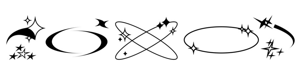 Twinkles and shining, vector isolated empty frames with stardust and sparkling. Minimalist decoration for posters and typography, borders design, rounded ovals with copy space, monochrome style