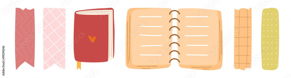 Poster Closed and opened hardcover notebooks with dots, lines and wave cover design. Vector isolated empty blank papers of spiral diary publications. Sheets and bookmarks, knowledge and education