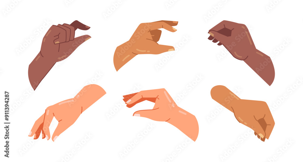 Poster Touchscreen interactions gestures. Vector isolated flat set of palms and hands zooming in or pinching. UI and UX gesturing, diversity of people or users. Pointing or taking small objects
