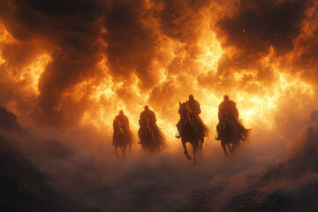 Fototapeta premium Dramatic depiction of the Four Horsemen riding through a stormy sky, each representing a different apocalyptic force,