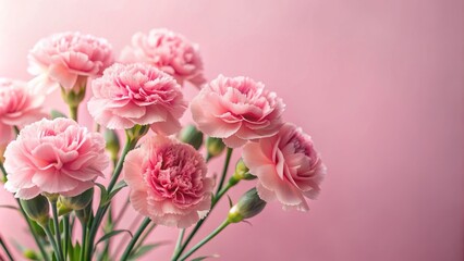 Soft focus pink carnations elegantly arranged on a gentle pastel pink background, providing ample copy space for text or design elements, evoking feelings of love and serenity.