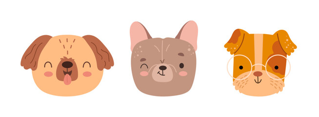 Dogs cute emotions set. Vector isolated playful and funny, smiling and naughty furry puppies. Face of pup cartoon emoji. Kawaii animal and pet characters. Wild animals emoticons collection