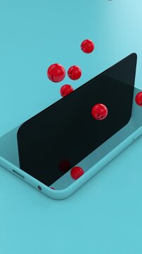 3d Minimal Blue pastel mobile phone, social media , message ,emoticon, reaction, smartphones, social networks, angry chat emojis flying or rising up from the cellphone. Vertical, phone wallpaper