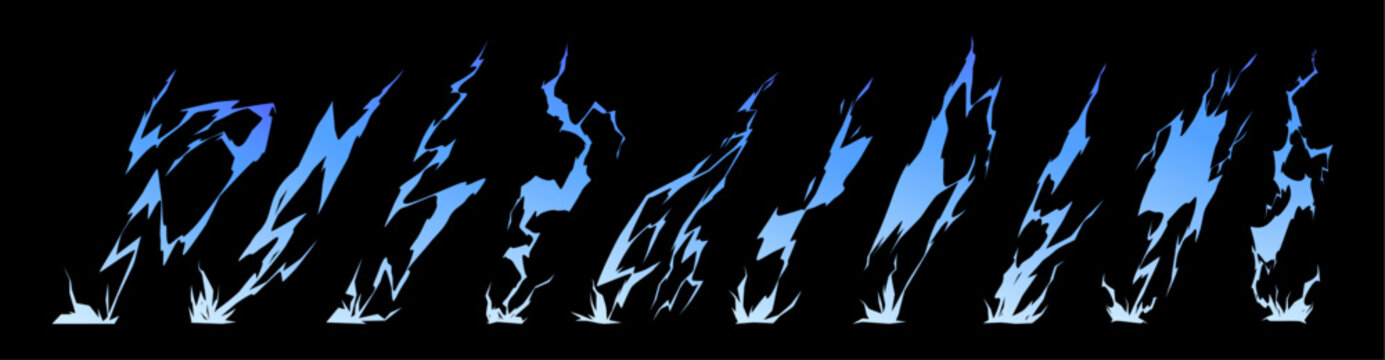Thunderbolts hitting ground. Vector isolated cartoon set of powerful natural forces. Electric discharge of bolt, game asset for design of weather. Power and force, thunder and lightning