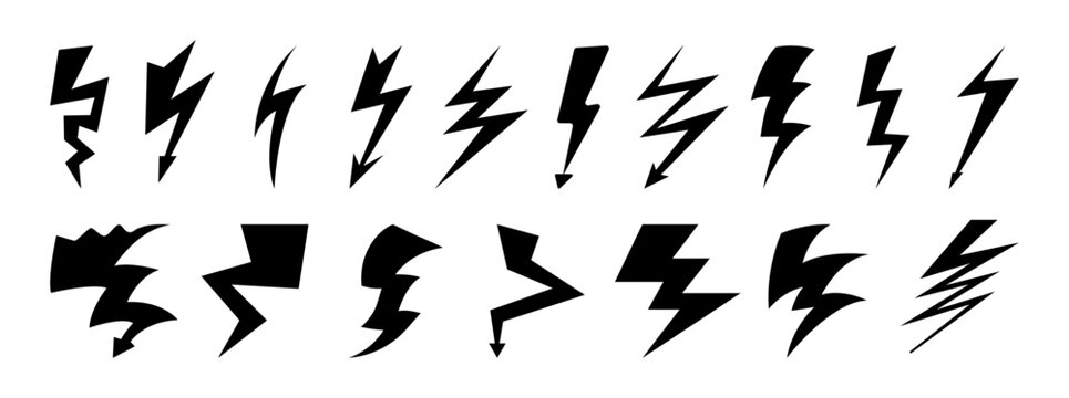 Thunder bolt icons set, burst of light. Vector thunderstroke signs, isolated powerful electrical discharge during thunderstorm. Electric flash sign collection. Various strike lightning symbols