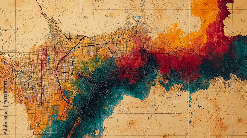 Poster abstract map with artistic splashes of color and intricate patterns.