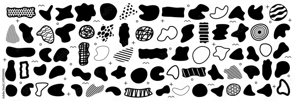 Aufkleber Organic abstract shape blobs and blots silhouettes. Vector isolated set of flat fluid form shapeless spots, outlines and scribbles with texture and wavy lines. Ovals and squares, rectangles