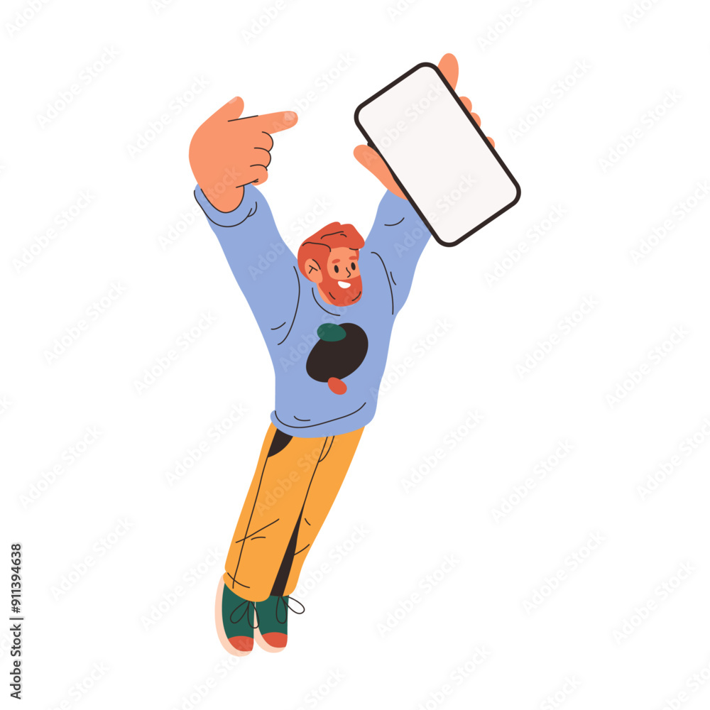 Poster person holding smartphone with empty screen in hands pointing on blank monitor, flat cartoon vector 
