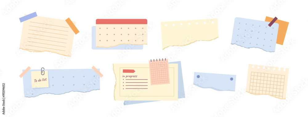 Poster Notes and stickers, sticky sheets and tape. Vector set of to do list, memo messages, notepads and paper pages. Notepaper meeting reminder, office notice or information board with appointment