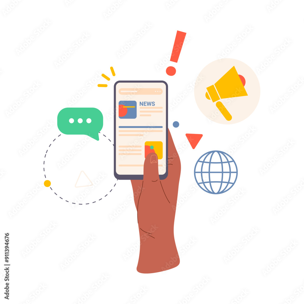 Aufkleber hand holding smartphone with news feed, flat cartoon vector illustration. isolated display of phone 