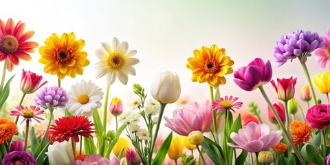 Blooming flowers against a white background, Spring, nature, floral, bright, fresh, petals, blossoming, vibrant, growth