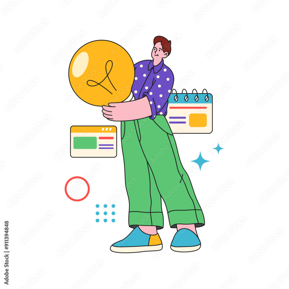 Poster Worker contributing innovative and creative idea to project. Vector flat cartoon character with lightbulb and productivity tools. Calendar and personal planner with dates