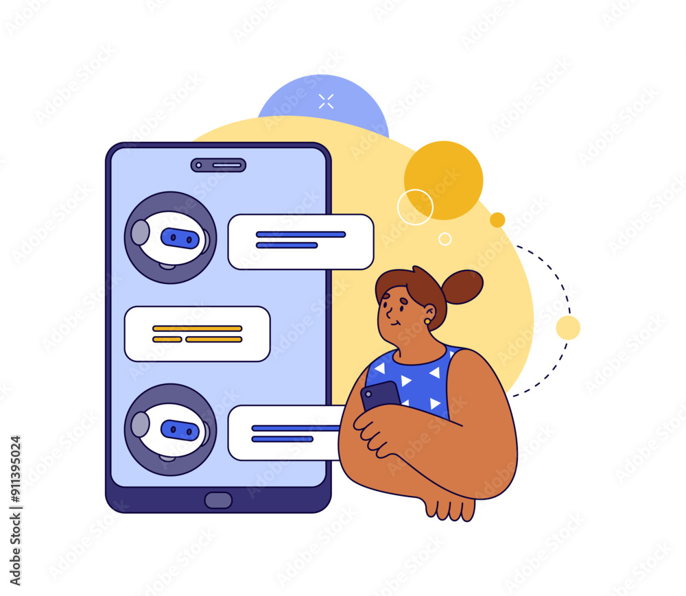 Poster Personal virtual assistant or chatbot at customer support or service. Vector flat smartphone with artificial intelligence conversation, application interface with dialog boxes
