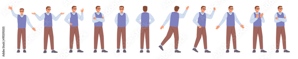 Poster male character actions and interactions at work. vector isolated man talking and gesturing, expressi
