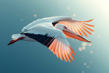 Fototapeta premium Minimalist illustration of a pelican in flight against a plain blue background, with shadows cast beneath its wings,