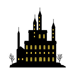 Fototapeta premium Vintage old castle silhouette with lights in rooms. Vector isolated Halloween haunted house. Dark atmosphere mansion with bare trees in garden. Gothic fortress or building architecture design