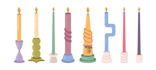 Variety of wax or paraffin candles on candlesticks. Vector isolated set of home decoration and accessories. Romantic or atmospheric design for apartment or dwelling. Handmade craft item