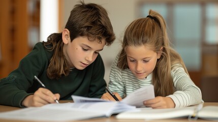 Classmates reviewing responsibilities in a school building, working together to understand and complete their homework