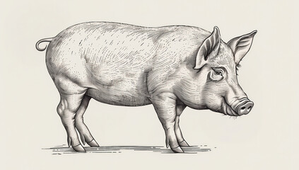 Pig, hog, boar. Vintage retro print, black white pig sketch ink pencil style drawing, linear drawing, engrave old school. Sketch artwork silhouette pig, hog, boar. Side view profile. Illustration