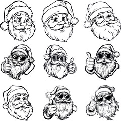 Cheerful Santa Claus Faces Silhouettes with Sunglasses in Black and White