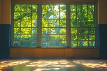 Sunlit Room with Large Grid Windows Overlooking Lush Green Trees