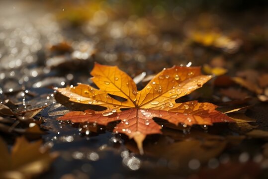 Macro close up of brown orange fall leaves with round rain droplets on them