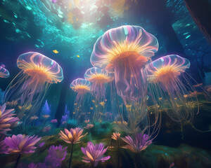 Obraz premium Illuminated Jellyfish and Blossoms