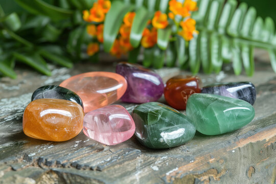 Colorful tumbled crystals and stones