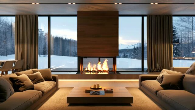 Modern living room with fireplace and winter mountain view. Seamless looping time-lapse video background