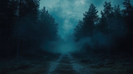 Fototapeta premium Eerie Night Forest with Foggy Trail Under Dark Sky