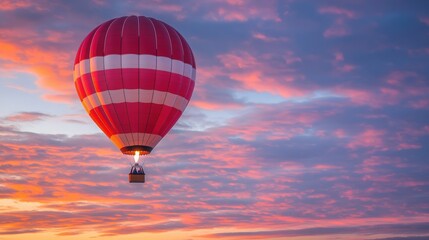 Fototapeta premium A vibrant hot air balloon floats against a stunning sunset sky, illuminated by warm colors and serene atmosphere.