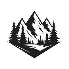 Scenic Mountain Landscape Silhouette Vector, Beautiful Mountain and Pine Trees Illustration