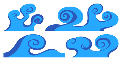 Sea waves in cartoon style. Japanese water illustration. Vector isolated on white background.