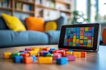 Tablet Displaying Colorful Blocks Game in Modern Living Room with Cushions and Bookshelves