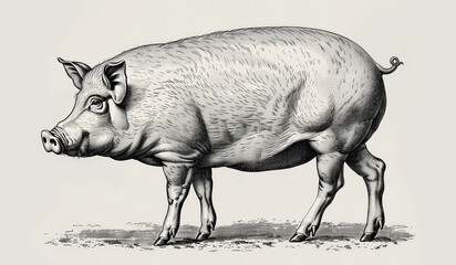 Fototapeta premium Pig, hog, boar. Vintage retro print, black white pig sketch ink pencil style drawing, linear drawing, engrave old school. Sketch artwork silhouette pig, hog, boar. Side view profile. Illustration