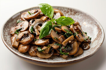 Fototapeta premium Sauteed mushrooms garnished with basil on a ceramic plate
