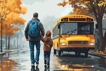 Father and Son Walking to School Bus on Rainy Autumn Day