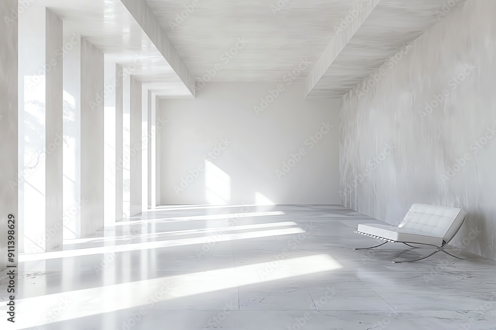 Poster a minimalist interior with light streaming through, showcasing clean lines and a modern aesthetic in
