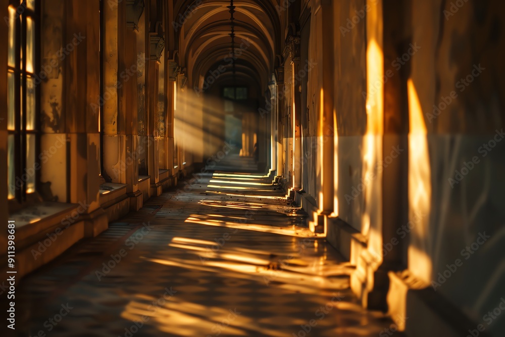 Poster a serene corridor adorned with golden sunlight casting enchanting shadows on the floor, creating a p