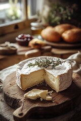 Rustic Brie Cheese on Wooden Board with Fresh Bread and Herbs in Cozy Kitchen Setting