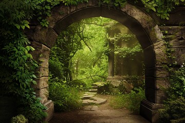 Fototapeta premium A serene archway leads into a lush, green forest filled with vibrant vegetation and natural beauty, inviting exploration.