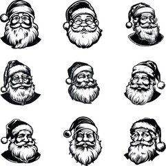 Cheerful Santa Claus Faces Silhouettes in Black and White Vector Designs
