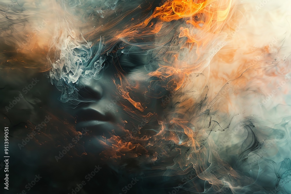 Poster an ethereal blend of smoke and color, capturing a mysterious human face enveloped in swirling shadow